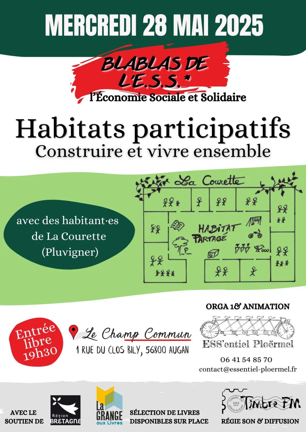 28/05/2025 => [Blablas de l'ESS] : "Habitats Participatifs :  Construire & vivre ensemble" à 19H30 au Champ Commun à Augan !