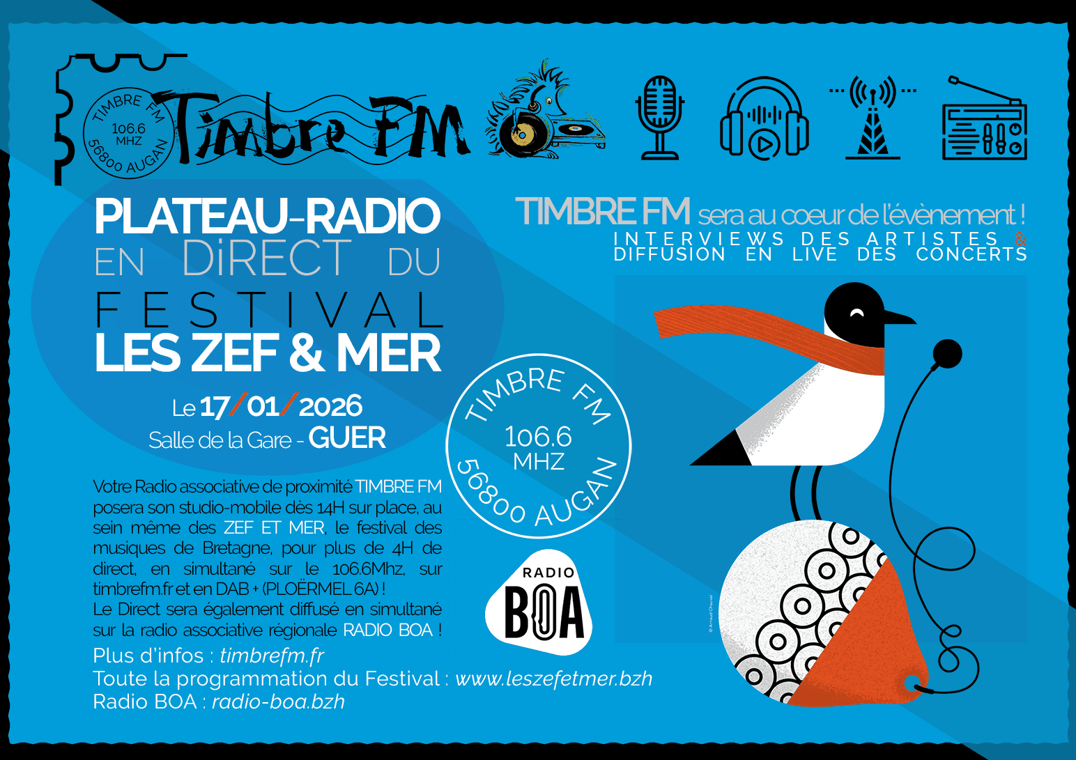 17/01/2026 => [STUDIO-MOBILE] Couverture d'événement TIMBRE FM : FESTIVAL LES ZEF ET MER 2026 ! GUER
