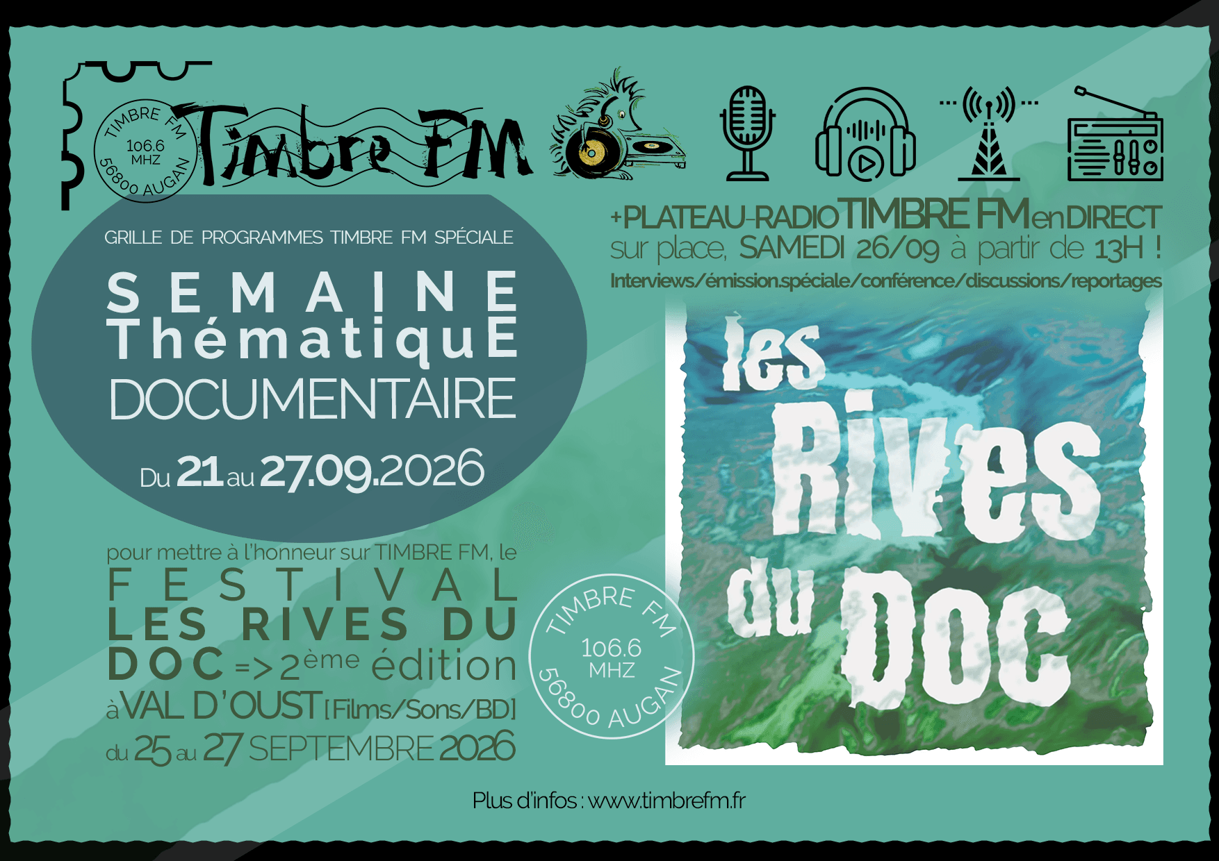 26/09/2026 => PLATEAU-RADIO TIMBRE FM en direct du FESTIVAL LES RIVES DU DOC !