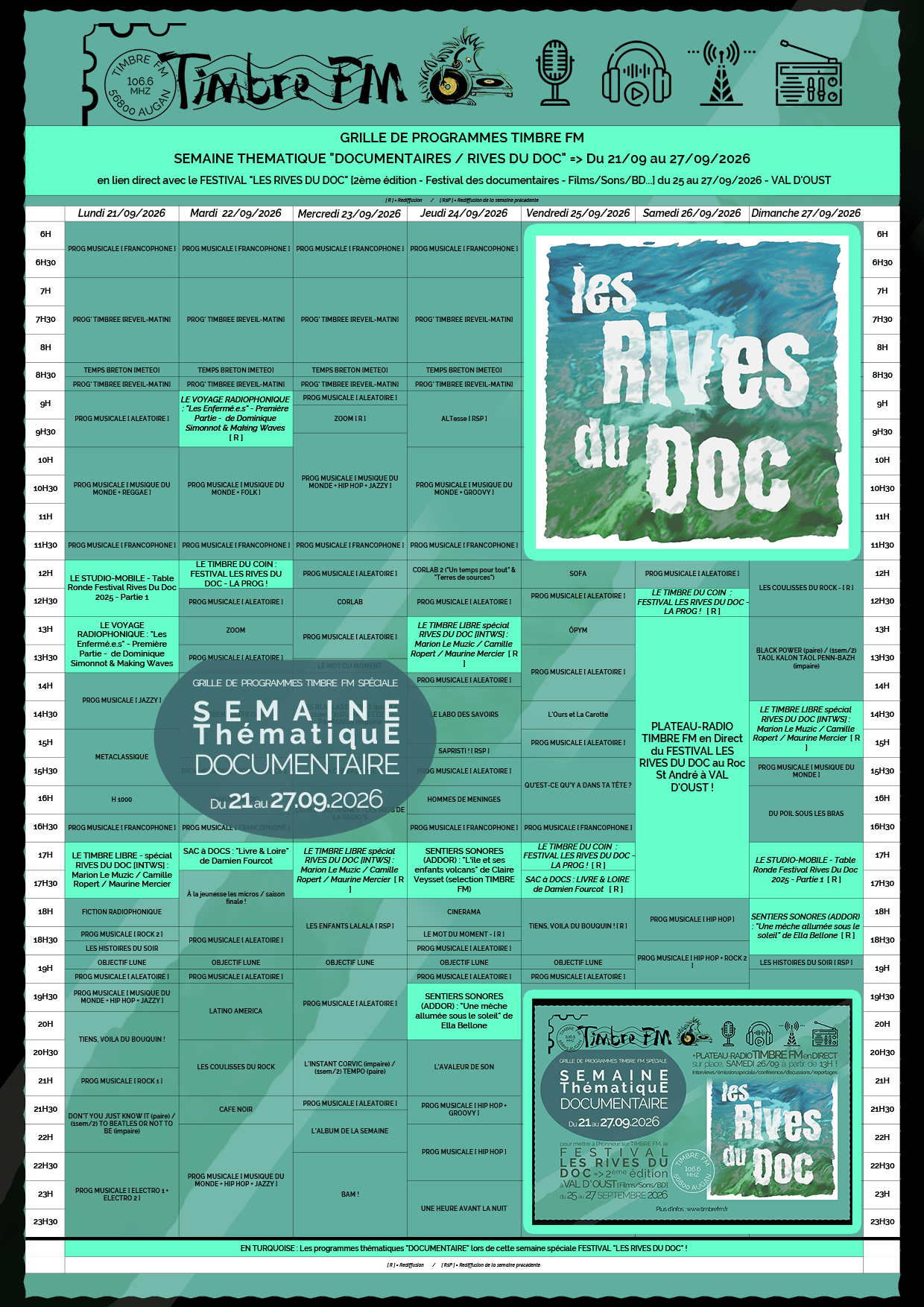 Du 21 au 27/09/2025 => GRILLE DE PROGRAMMES Spéciale - Semaine Thématique "DOCUMENTAIRE" TIMBRE FM <=> FESTIVAL LES RIVES DU DOC !