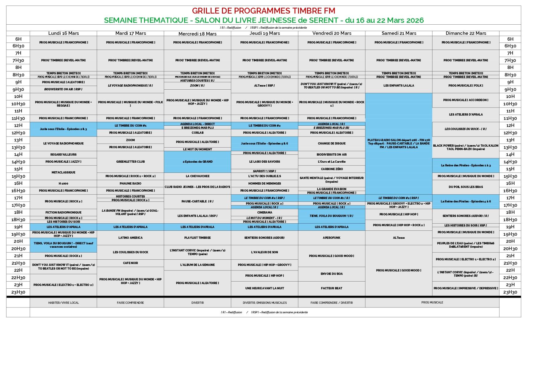 Du 16 au 22/03/2026 => Semaine Thématique "SALON DU LIVRE JEUNESSE de SERENT" sur TIMBRE FM : Grille de programmes spéciale !